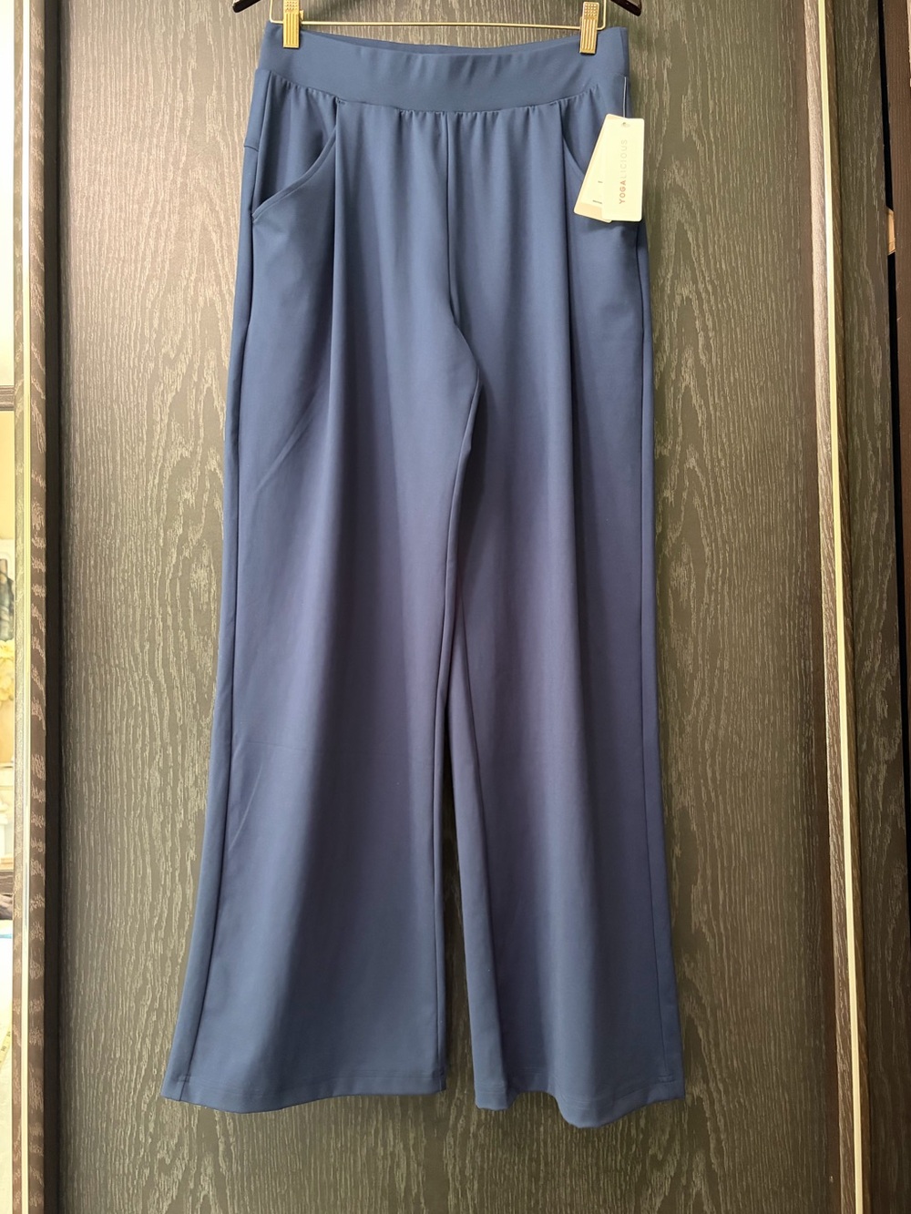Yogalicious Wide-Leg Track Pants in Dusty Blue tall girl
